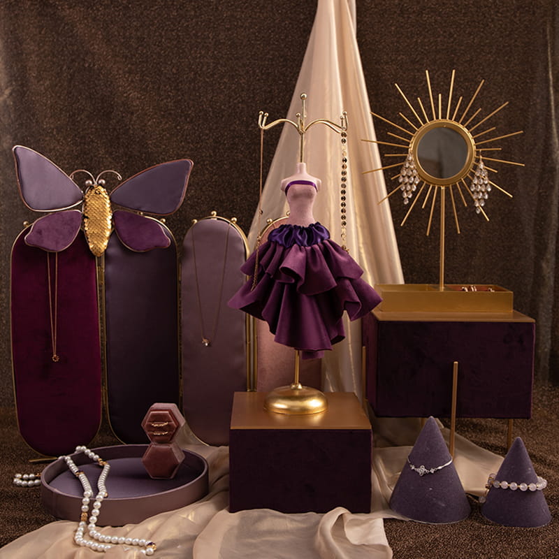 Rekaan Baru Fesyen Ungu Barang Kemas Manekin Set Penganjur Set Paparan Barang Kemas Set Untuk Kalung Anting-Anting Gelang